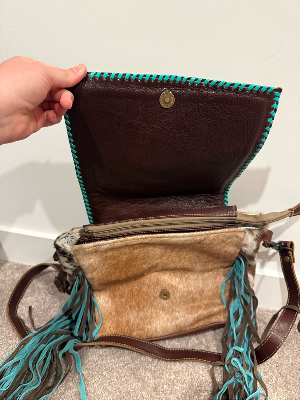 Myra Bag Turquoise & Brown Embroidered Fringe Crossbody - Picture 2 of 3